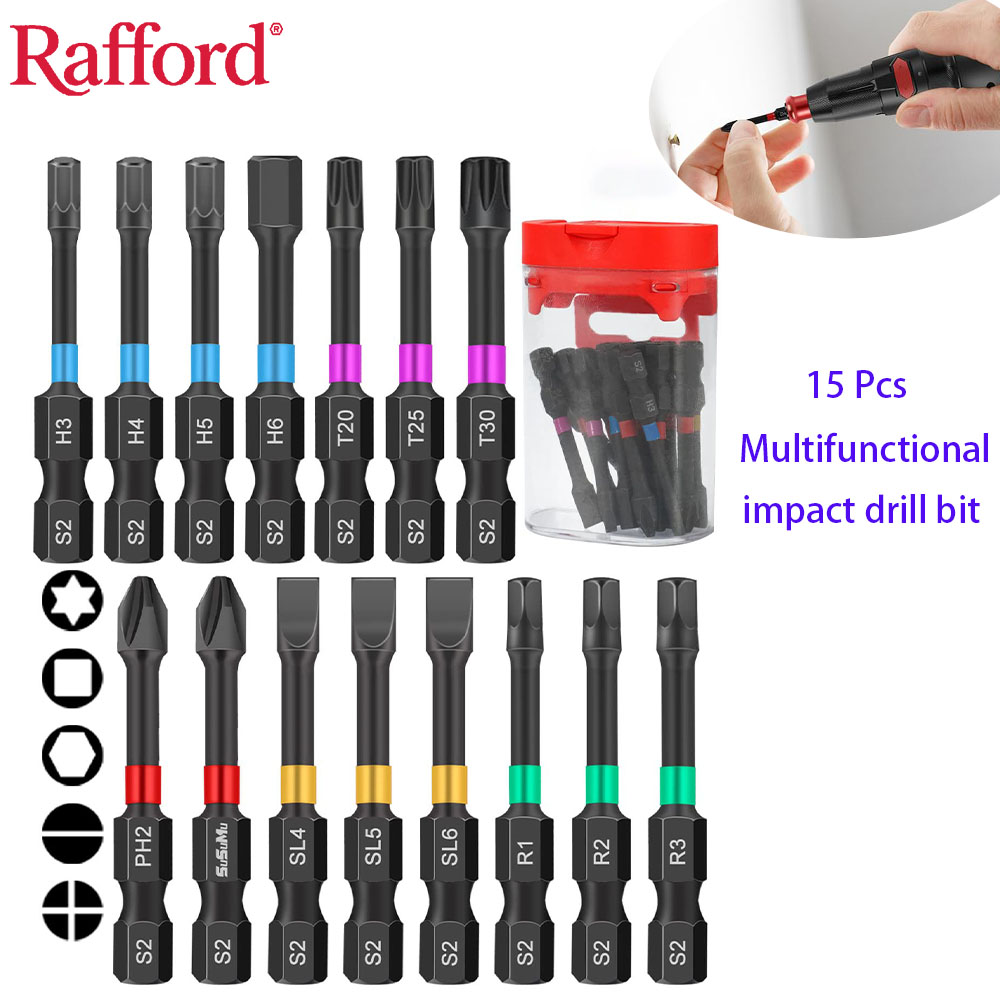 Drill Bit Set - ชุดดอกไขควงแม่เหล็ก Rafford 15 ชิ้น สำหรับไขควงกระแทก/สว่านไร้สาย ขนาด